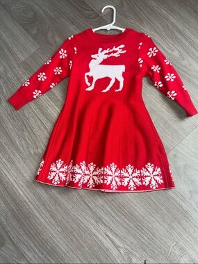 Girls' Red Reindeer Knit Dress - Holiday Sweater Dress